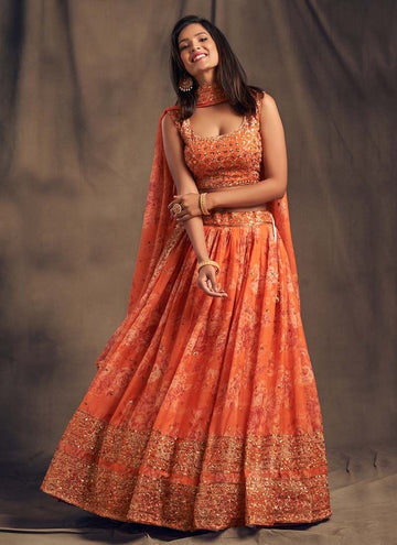 Orange Color Sequence Embroidered Khadi Organza Lehenga